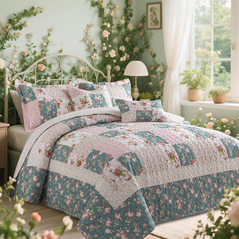 VAPUTAR Pink King Size Quilt Bedding Set - Gaeden Style King Size Bedspreads with Floral Pattern - Lightweight Farmhouse Cotton-Filled Quilts King Size for Bed Decorations  3 Pieces - Image 2